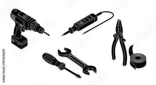 Black and white illustration of power tools and equipment silhouette