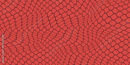 Snake skin background. Seamless pattern of squama, reptile scale. Chinese minimalistic grid art. Serpent surface texture in red and gold colors. Asian geometric ornament