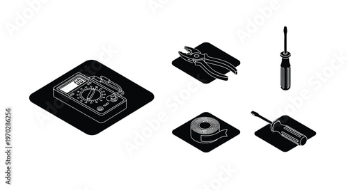 Isometric view of electrical tools including a multimeter screwdriver and tape silhouette