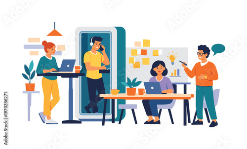 Wide horizontal editorial illustration of four characters in a coworking space: one on a standing desk, one in a phone booth pod, one at a shared