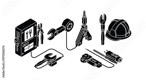 Construction tools and equipment depicted in a striking black silhouette