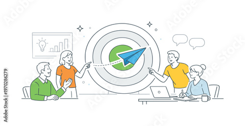 Marketing team aligning campaign priorities and simplifying messaging strategy together during a collaborative planning session in a modern office