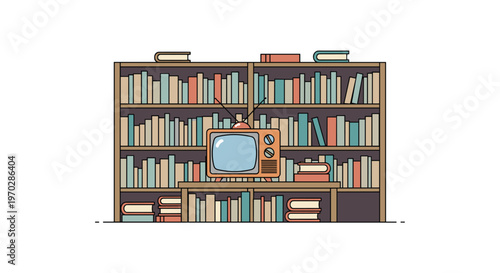 Massive wooden library bookshelf packed with diverse colorful volumes surrounds a charming orange vintage television set resting on table in soft hue.