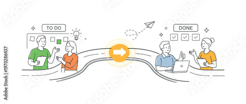 A clear workflow stage transition scenario where a team smoothly moves tasks from one phase to the next during a planning session, centered around a