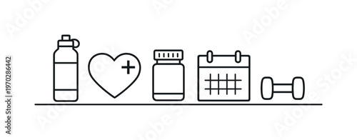 Healthy daily wellness habits and balanced self-care planning for sustainable energy and improved mental wellbeing, water bottle, heart badge, pill