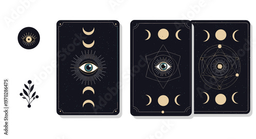 Mystic tarot cards featuring moon phases and cosmic eye designs in gold and blue on a plain white background for divinity.