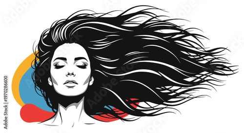 Artistic depiction of a woman with long black flowing hair blowing in the wind against a colorful abstract background.