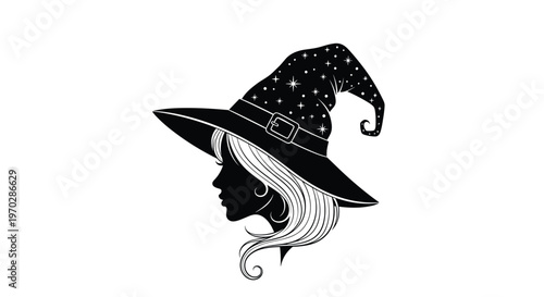 Profile silhouette of a witch wearing a pointed hat decorated with stars and long flowing wavy hair illustration.