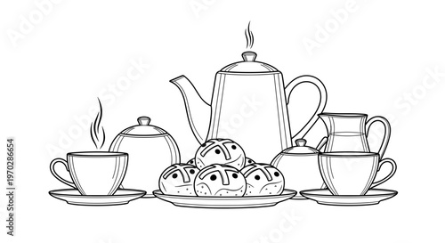 English tea set with hot cross buns arranged on a table  
