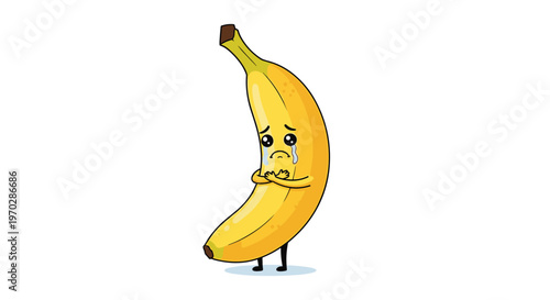 Sad cartoon banana character with tears in its eyes and arms crossed in a distressed pose on white background.
