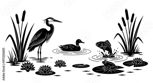 Black and White Illustration of a Pond Ecosystem with Wildlife.