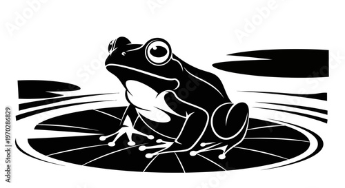 Black and White Silhouette of a Frog on a Lily Pad.