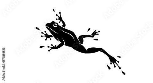 Black Silhouette of a Frog Jumping with Splashes.