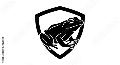 Black Frog Emblem Silhouette on White Background.
