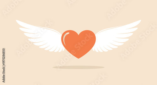 Heart with large white angel wings spread wide against a warm neutral background for romantic concepts and love themes.
