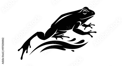 Black Silhouette of a Frog Leaping Over Water Waves.