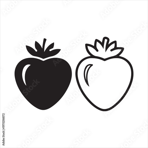 Two strawberries are depicted one solid and one outlined silhouette