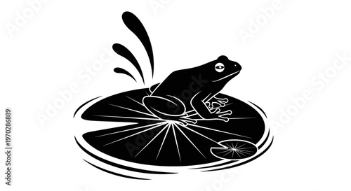 Black Silhouette of a Frog on a Lily Pad with Water Splashes.