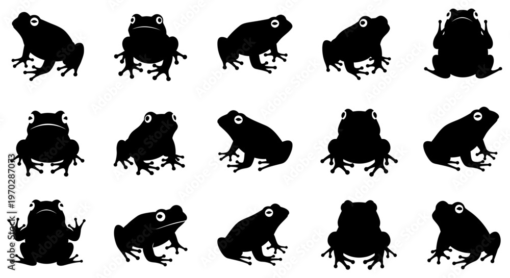 Fototapeta premium Collection of Black Frog Silhouettes in Various Poses.
