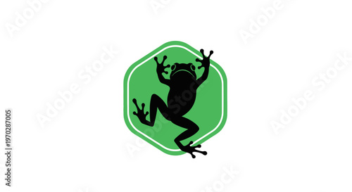 Black Frog Silhouette on Green Hexagon Background.