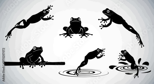 Collection of Black Frog Silhouettes in Various Poses.