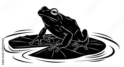Black Silhouette of a Frog Sitting on a Lily Pad in Water.