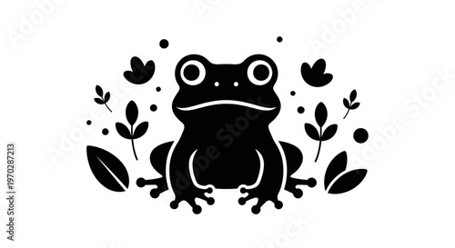 Black Silhouette of a Frog Surrounded by Leaves and Dots.