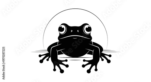 Black Silhouette of a Frog Emerging from a Hole with a Large Circle Behind.