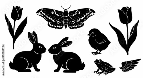 Collection of Black Silhouettes of Spring Animals and Flowers.