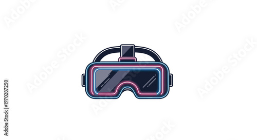 Sleek black virtual reality headset is highlighted by vibrant pink and blue neon light outlines on a minimalist white background in a futuristic style.
