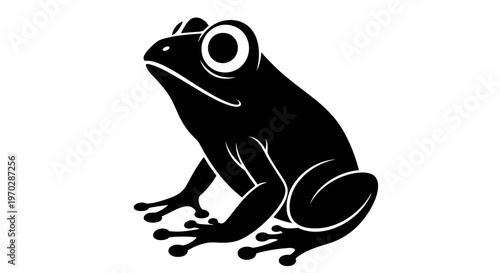 Black Silhouette of a Frog Sitting on a White Background.