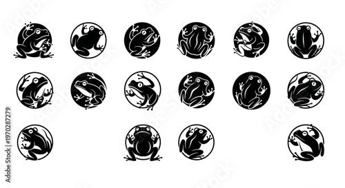Collection of Circular Frog Illustrations in Black and White.