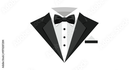 Formal black tuxedo with a white shirt and bow tie icon isolated on a clean white background for formal events and gala.