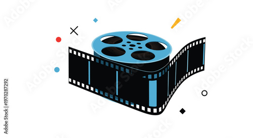 Movie film reel with a long winding film strip and colorful geometric shapes for cinema and video production.