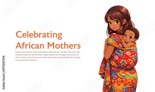African Mother Carrying Baby on Back Love and Care Illustration
