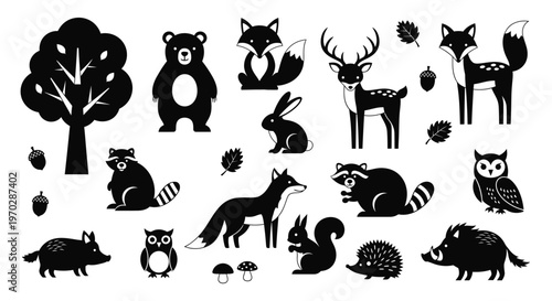 Collection of Forest Animals and Nature Elements in Silhouette Style.