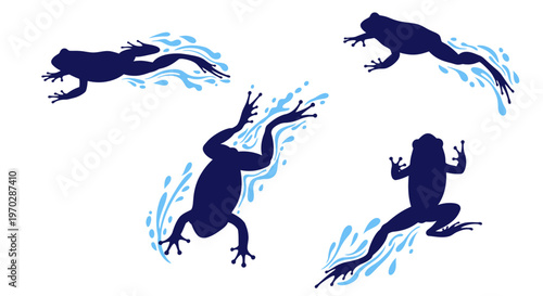 Collection of Frogs Jumping and Swimming in Water Silhouettes.