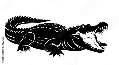 Black Silhouette of an Aggressive Alligator with Mouth Wide Open.