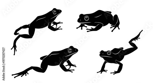 Collection of Four Black Frog Silhouettes in Various Poses.