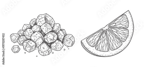 Hand drawn sugar cubes and orange slice pile