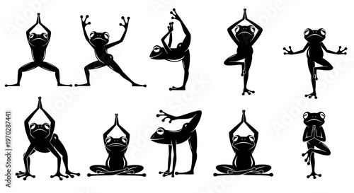 Collection of Frogs Performing Various Yoga Poses in Silhouette.