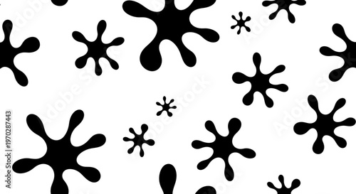 Black Splatter Ink Blots Seamless Pattern on White Background.