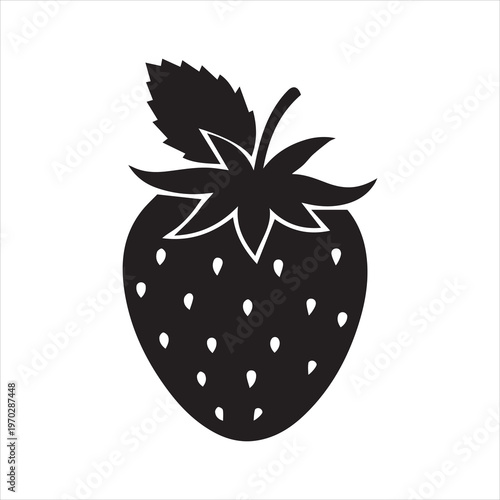 A striking black silhouette of a ripe strawberry with leafy top
