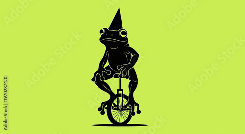 Circus Frog Riding a Unicycle with a Party Hat.