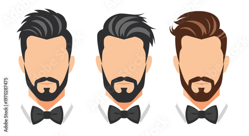 Collection of three stylish male face silhouettes featuring different modern hairstyles and groomed beards with bow ties.