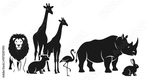 Collection of African Wildlife Silhouettes in Black and White.