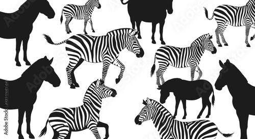 Collection of Zebra Silhouettes and Striped Animals in Various Poses.