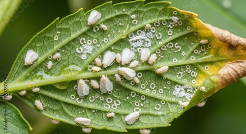 Close-up of infested leaf with white pest insects and droplets of water on it. Leaf reveals presence of white pests, indicating potential plant health issues. Concept close-up of garden pests.