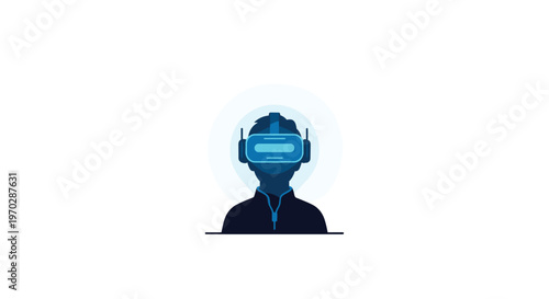 A dark human silhouette wearing a glowing blue virtual reality headset stands centered against a pristine white background with soft cyan light glows.