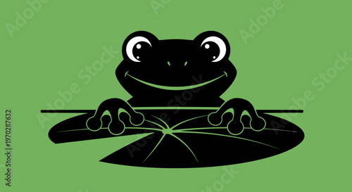 Cute Black Frog Peeking Over Lily Pad.
